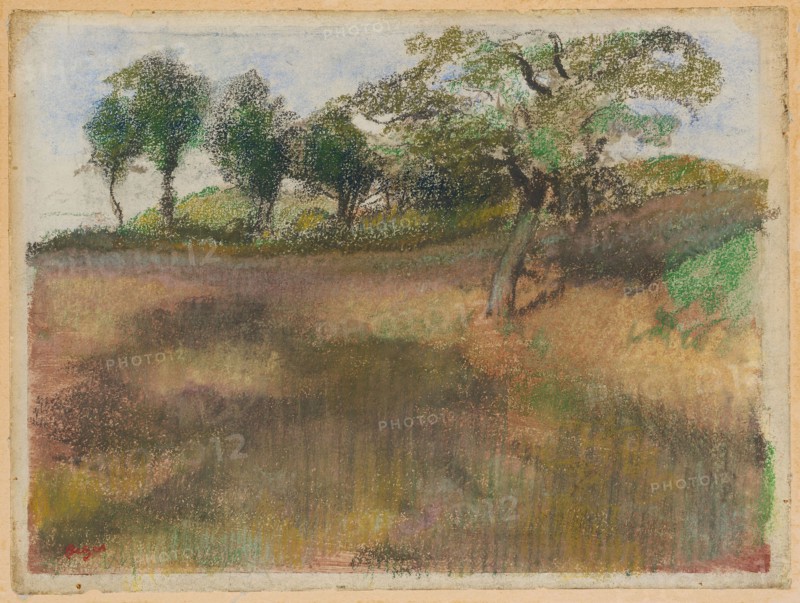 Ploughed Field Bordered by Trees, c. 1892, Edgar Degas, French, 1834-1917, France, Pastel, over color monotype, on off-white wove paper, laid down on cream card, 253 × 345 mm (image), 270 × 359 mm (sheet)