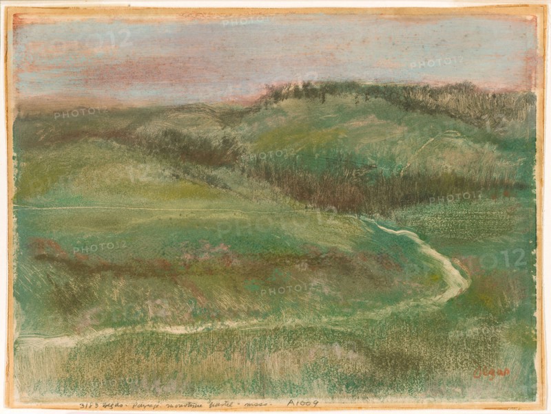 Landscape, 1892, Edgar Degas, French, 1834–1917, France, Pastel, over color monotype, with wiping and incising, on pink wove paper, altered to tan, 255 × 345 mm (image), 261 × 350 mm (sheet)