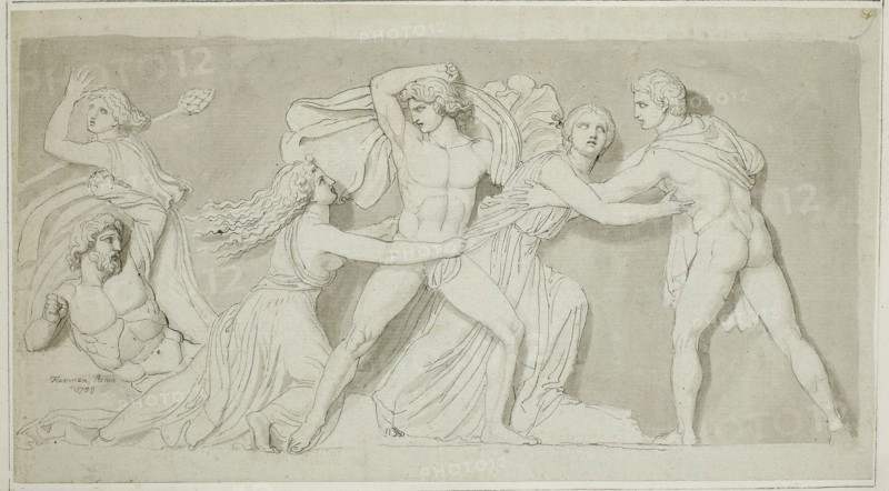 Amphion and Zethus Delivering their Mother Antiope from the Fury of Dirce and Lycus, 1789, John Flaxman, English, 1755-1826, England, Pen and gray ink and brush and gray wash, over graphite, on gray laid paper, laid down on ivory wove paper, 161 × 292 mm (primary support), 233 × 357 mm (secondary support)