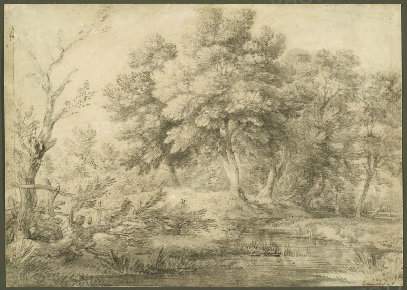 Wooded Landscape with Stream, 1750–59, Thomas Gainsborough, English, 1727-1788, England, Brush and black ink and gray wash, over graphite, on off-white laid paper, pieced along both vertical edges and laid down on cream laid paper, 238 × 334 mm