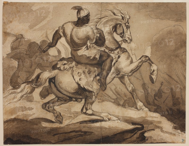Haitian Horseman (Scene from the French Colonial Wars), 1823, Attributed to Jean Louis André Théodore Géricault, French, 1791-1824, France, Brush and brown ink and brown wash, over black chalk, on cream wove paper, pieced vertically through center, 245 × 314 mm