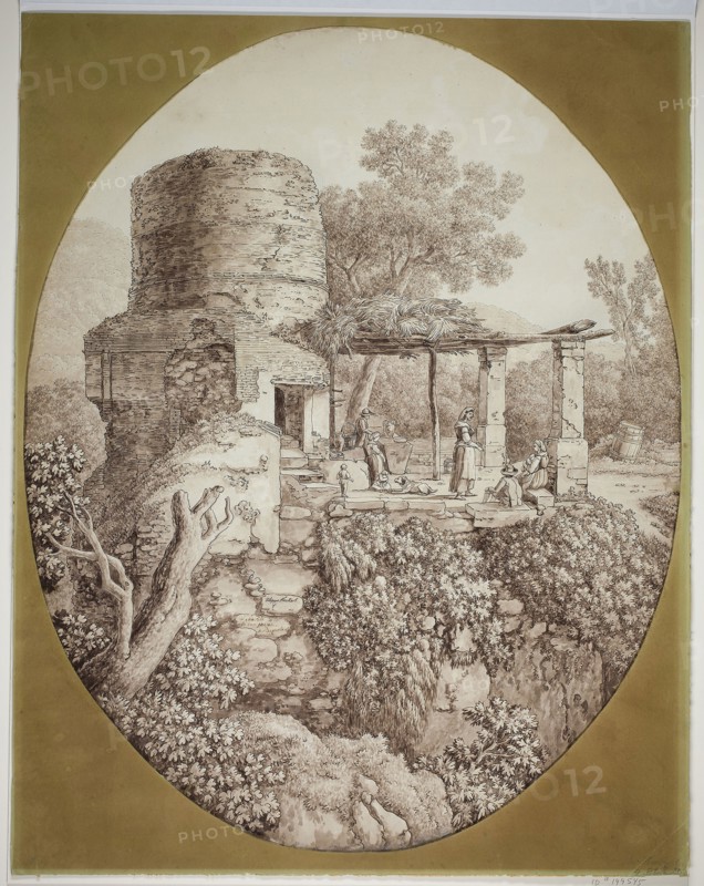 Group of People on a Terrace, 1797, Jacob Philipp Hackert, German, 1737-1807, Germany, Pen and brown ink and brush and brown wash, with graphite and traces of white gouache, on cream laid paper, laid down on cream laid paper, 554 × 440 mm (ma×)
