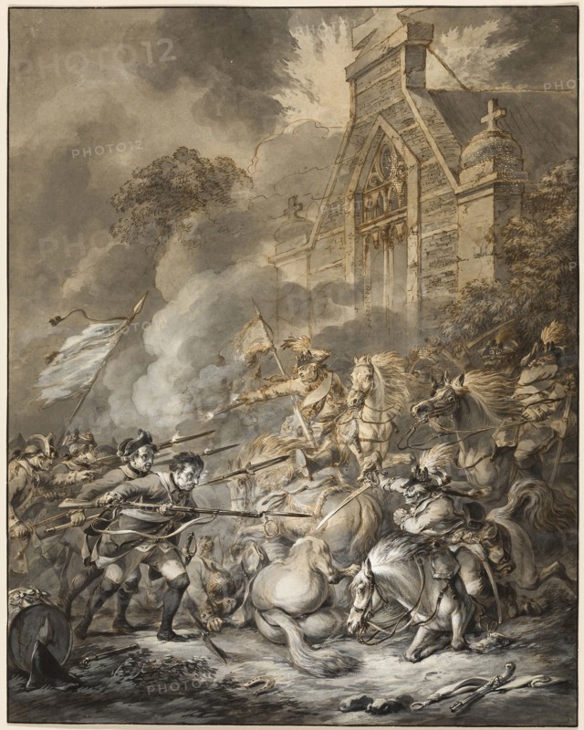 A Skirmish Between the Cavalry Officers and Footsoldiers with Bayonets, 1781, Dirk Langendijk, Dutch, 1748-1805, Netherlands, Pen and brown ink and gray and black washes, heightened with white gouache, on cream laid paper, 485 x 385 mm