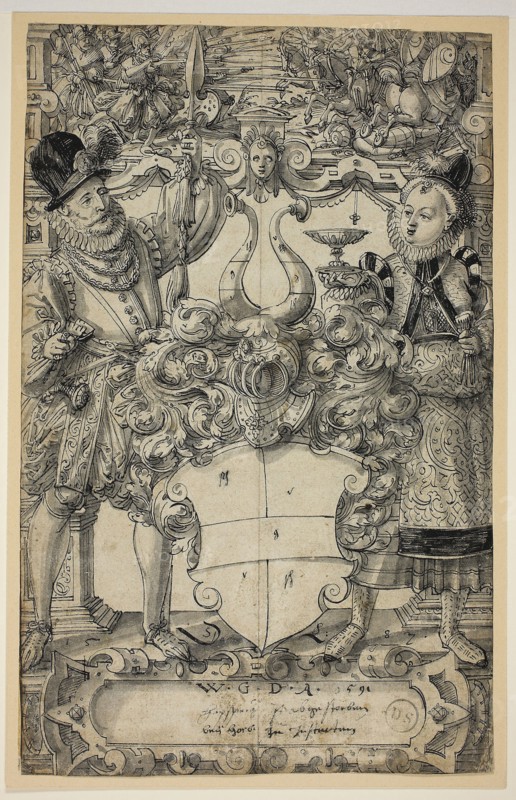 The Arms of Habsberg Flanked by an Elegant Couple, 1587, Daniel Lindtmayer, Swiss, 1552-c. 1606, Switzerland, Pen and black ink and brush and gray and black washes on ivory laid paper, 329 x 207 mm, The Wars of Jehovah, in Heaven, Earth, and Hell: In Nine Books, 1844, John Martin (English, 1789-1854), Alfred Martin (English, active 1835-1844), written by Thomas Hawkins (English, 1810-1888), published by Francis Baisler (English, 19th century), England, Book with eleven mezzotints on cream wove paper, 229 × 164 × 43 mm