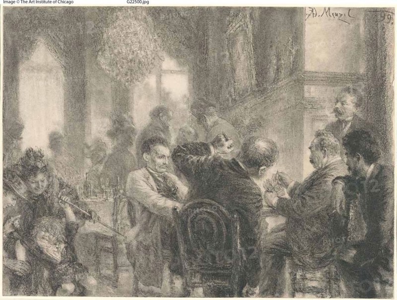 The Card Game, 1899, Adolph Menzel, German, 1815–1905, Germany, Graphite and fabricated black chalk, with stumping, erasing, and scraping, with touches of brush and black ink, on cream wove paper, edge mounted on ivory wove card, 198 × 267 mm (primary support), 261 × 335 mm (secondary support)