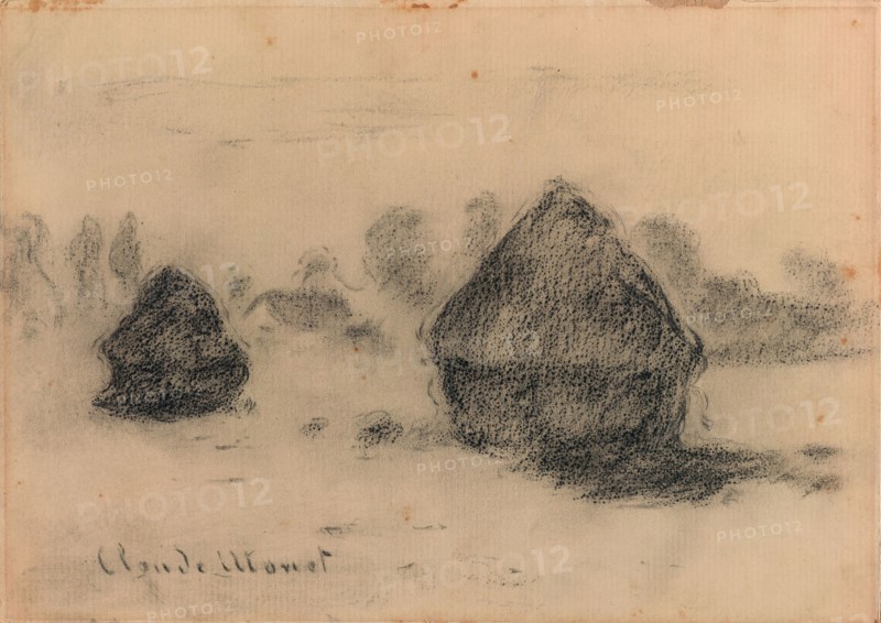 Stacks of Wheat, 1891, Claude Monet, French, 1840–1926, France, Black chalk, with frottage and stumping, on cream laid paper (discolored to tan), laid down on cardboard, 182 × 254 mm (primary/secondary supports)