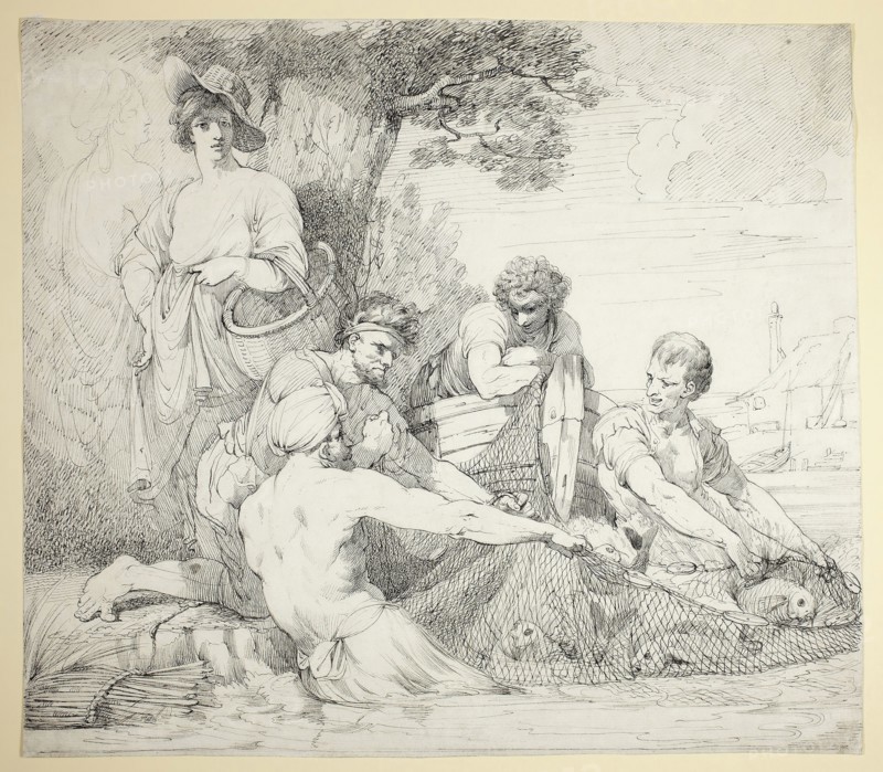 Fishermen, 1774, John Hamilton Mortimer, English, 1740-1779, England, Pen and black ink on off-white laid paper, 368 × 419 mm
