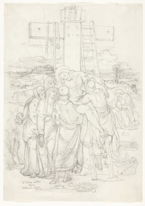 Descent from the Cross with a Silhouette of Jerusalem in the Background, 1852, Franz Johann Heinrich Nadorp, German, 1794-1876, Germany, Graphite, with smudging, on ivory wove paper, 408 × 287 mm