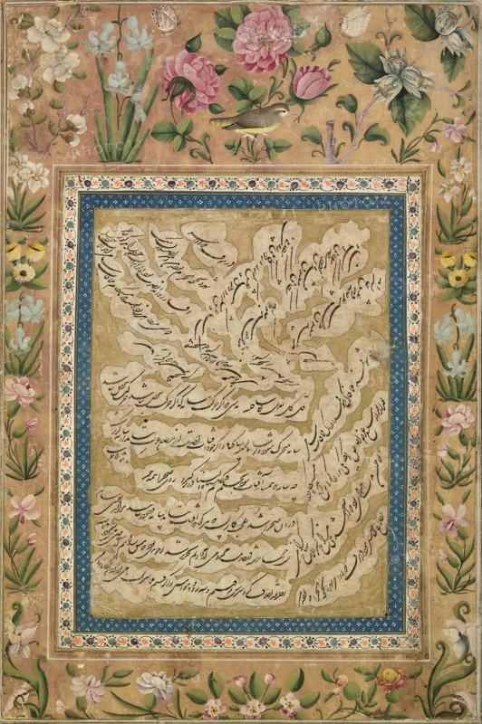 Page of Shikasta Nasta’liq Calligraphy with Floral Margins, Zand dynasty (1750–1794), 1767, Iran, Attributed to Abd al-Majid Taleqani, Iran, Ink, gold, and watercolor on paper, 30.48 x 20.32 cm (12 x 8 in.)
