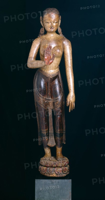 Goddess Tara with Hand in Gesture of Reassurance (Abhayamudra), 15th century, Nepal, Kathmandu Valley, Patan, Kathmandu Valley, Wood and pigments, 128 x 35.6 x 30.5 cm (50 3/8 x 14 x 12 in.)