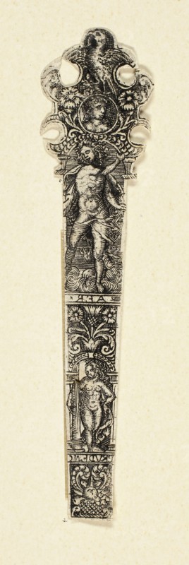 Ornamental Design for Knife Handle with Air, from The Four Elements, c. 1590, After Johann Theodor de Bry, German, 1561–1623, Flanders, Engraving in black on ivory laid paper, 90 × 22 mm (image/sheet, trimmed within plate mark)