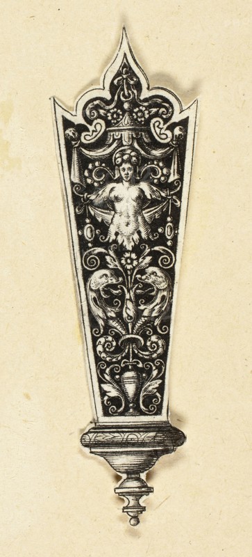 Ornamental Design for Knife Handle, c. 1588, Theodor de Bry, Flemish, 1538–1598, Flanders, Engraving in black on ivory laid paper, 90 × 22 mm (image/sheet, trimmed within plate mark)