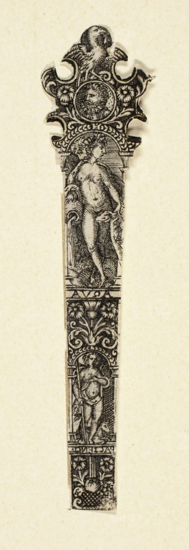 Ornamental Design for Knife Handle with Water, from The Four Elements, c. 1590, After Johann Theodor de Bry, German, 1561-1623, Flanders, Engraving in black on ivory laid paper, 90 × 22 mm (image/sheet, trimmed within plate mark)