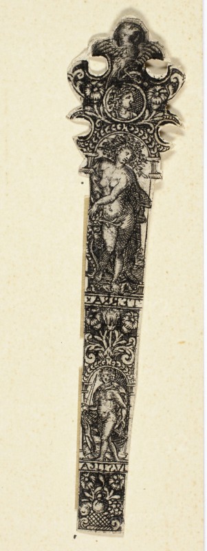 Ornamental Design for Knife Handle with Earth, from The Four Elements, c. 1590, After Johann Theodor de Bry, German, 1561-1623, Flanders, Engraving in black on ivory laid paper, 90 × 22 mm (image/sheet, trimmed within plate mark)