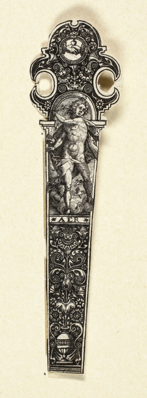 Ornamental Design for Knife Handle with Air, from The Four Elements, about 1590, Johann Theodor de Bry, German, 1561-1623, Flanders, Engraving in black on ivory laid paper, 90 × 22 mm (image/sheet, trimmed within plate mark)