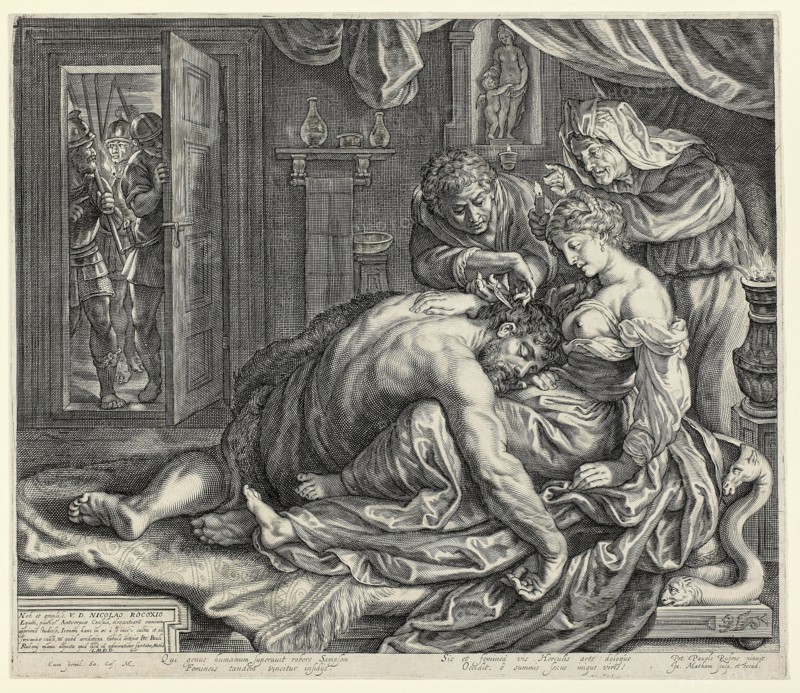 Samson and Delilah, c. 1612, Jacob Matham (Dutch, 1571–1631), after Peter Paul Rubens (Flemish, 1577–1640), Netherlands, Engraving in black on ivory laid paper, 362 x 434 mm (image), 377 x 440 mm (plate), 380 x 444 mm (sheet)
