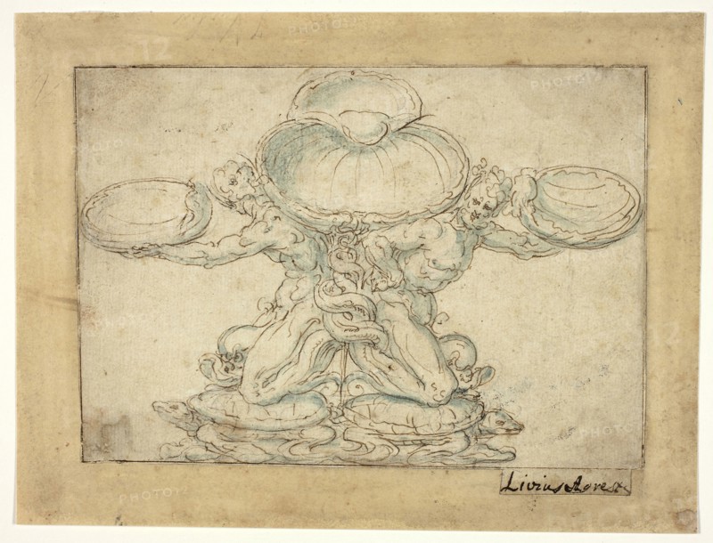 Design for a Salt Cellar or a Table Fountain, n.d., Livio Agresti, Italian, 1508–1579, Italy, Pen and brown ink, with brush and blue wash, over traces of black chalk, on cream laid paper, perimeter mounted to buff wove paper, prepared with a brown wash, 136 x 180 mm (primary support), 163 x 220 mm (secondary support)