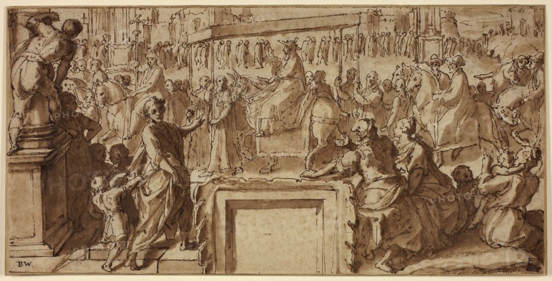 Saint Charles Borromeo Entering the Town of Pavia: Design for a Wall Decoration, c. 1604, Cesare Nebbia, Italian, 1536–1614, Italy, Pen and brown ink, with brush and brown wash, over traces of graphite, on cream laid paper, laid down on buff card, 153 x 310 mm (primary support), 157 x 313 mm (secondary support)