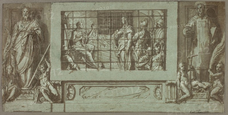 Saint Catherine in Prison Converting the Empress Faustina to Christianity, Flanked by Saints Saturnius and Simon, 1570/71, Federico Zuccaro, Italian, 1540/41–1609, Italy, Pen and brown ink, with brush and brown wash, heightened with lead white gouache, on blue laid paper, 196 x 395 mm (sight)