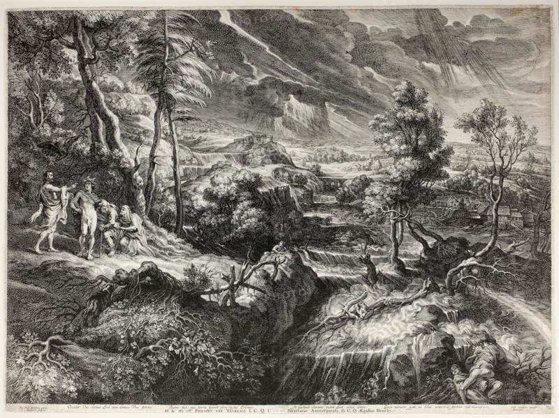 Landscape with Philemon and Baucis, from Large Landscapes, n.d., Schelte Adamsz. Bolswert (Dutch, active in Flanders, c. 1586–1659), after Peter Paul Rubens (Flemish, 1577-1640), published by Gillis Hendricx (Flemish, active c. 1642-1677), Netherlands, Engraving in black on cream laid paper, 468 x 640 mm (image), 482 x 646 mm (sheet, trimmed within platemark)