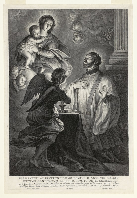 The Virgin and Child Appearing to Saint Francis Xavier, 1610/59, Schelte Adamsz. Bolswert (Dutch, active in Flanders, c. 1586–1659), after Gerard Seghers (Flemish, 1591–1651), Netherlands, Engraving in black on ivory laid paper, 388 x 278 mm (image), 423 x 285 mm (plate), 442 x 301 mm (sheet)