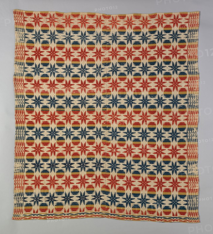 Coverlet, 1820/40, United States, Probably Pennsylvania, Pennsylvania, Cotton and wool, plain weave with plain interlacings of secondary binding warps and patterning wefts (star work, tied Beiderwand), two loom widths joined, 198.1 x 177.5 cm (78 x 69 7/8 in.)