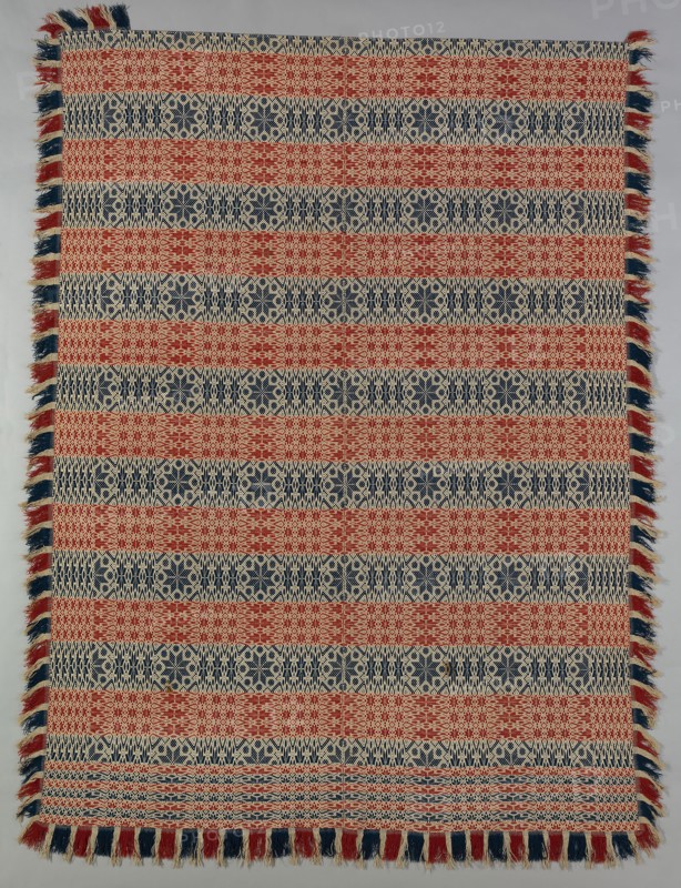 Coverlet, 1820/40, United States, Probably Pennsylvania, Pennsylvania, Cotton and wool, composite point twill weave (star work, multiple shaft), two loom widths joined, with attached plain weave strip with weft fringe, 259.1 x 197.5 cm (102 x 77 3/4 in.)