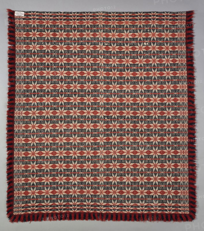 Coverlet, 1820/40, United States, Probably Pennsylvania, Pennsylvania, Cotton and wool, plain weave with supplementary wefts in composite point twill weave (star work, multiple shaft), two loom widths joined, with attached plain weave strip with weft fringe, 231.8 x 203.8 cm (91 1/4  x 80 1/4 in.)