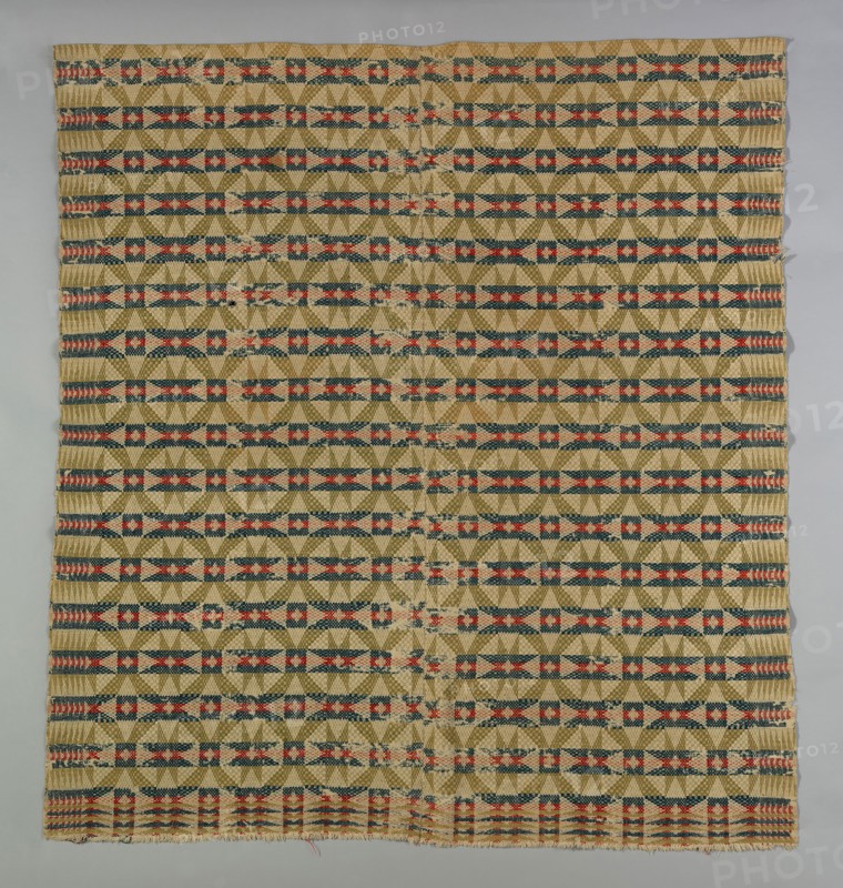 Coverlet, 1820/40, United States, Probably Pennsylvania, Pennsylvania, Cotton and wool, plain weave with supplementary wefts in composite point twill weave (star, work, multiple shaft), two loom widths joined, 201.6 x 186 cm (79 3/8 x 73 1/4 in.)