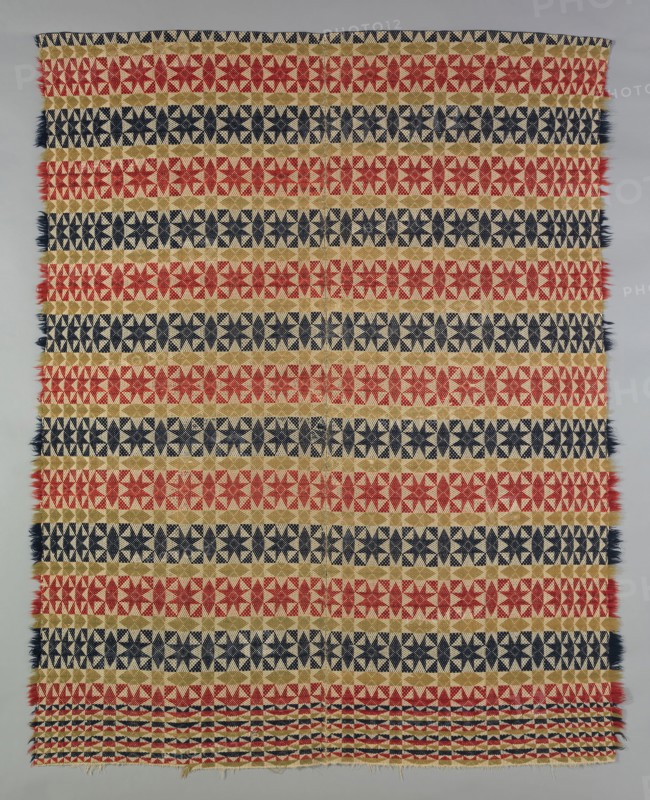 Coverlet, 1820/40, United States, Probably Pennsylvania, Pennsylvania, Cotton and wool, plain weave with supplementary wefts in composite point twill weave (star work, multiple shaft), two loom widths joined, edged with extended supplementary weft fringe, 224.2 x 179.8 cm (88 1/4 x 70 3/4 in.)