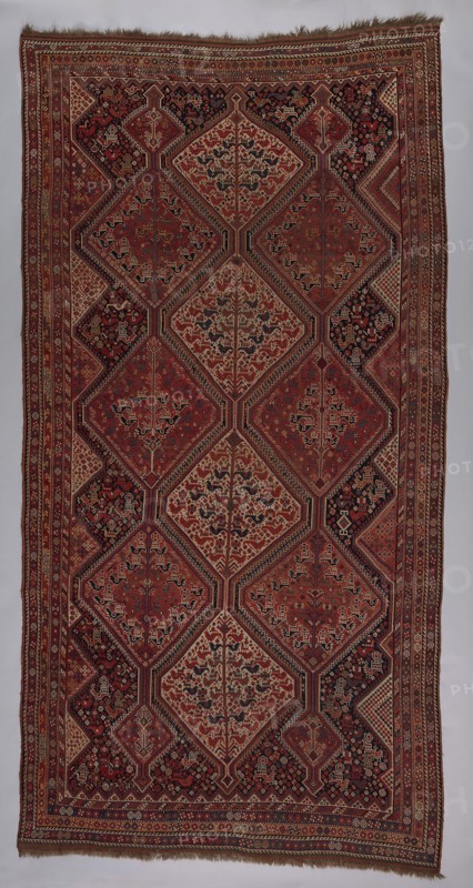 Khamseh Carpet, c. 1890, Southwest Iran, Iran, Wool, plain weave with supplementary wrapping wefts forming cut pile through a technique known as "Turkish (Ghiordes) knots