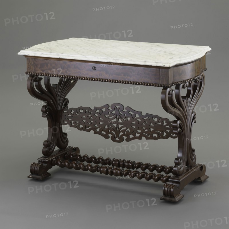 Table, 1836/46, John and Joseph W. Meeks Company, American, active 1836–59, New York, United States, Mahogany, mahogany veneer, and marble, 78.1 × 106.8 × 61 cm (30 3/4 × 42 × 24 in.)