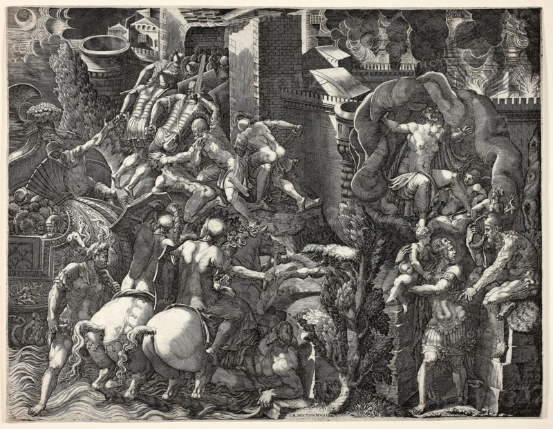 The Fall of Troy and the Escape of Aeneas, 1540/50, Giorgio Ghisi (Italian, 1520-1582), after Giovanni Battista Scultori (Italian, 1503-1575), Italy, Engraving in black on ivory laid paper, 383 x 496 mm (image/plate), 388 x 500 mm (sheet)