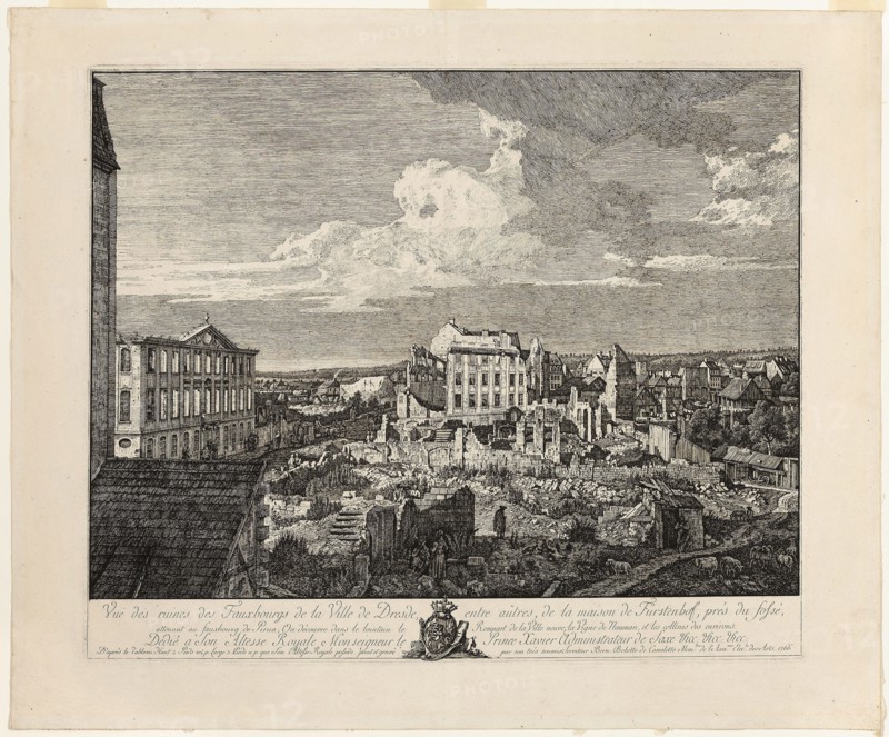 The Ruins of the Pirnaischer Suburb with the Palais Fürstenhof, 1766, Bernardo Bellotto, Italian, 1721-1780, Italy, Etching with engraving in black on ivory laid paper, 468 x 630 mm (image), 527 x 637 mm (image plate mark), 542 x 647 mm (text plate mark), 640 x 772 mm (sheet)