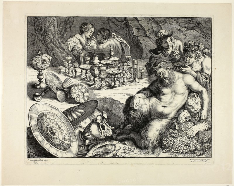 Bacchus and Drunken Silenus—The Dream of Silenus, 1635/40, Frans van den Wyngaerde (Flemish, 1614-1679), after Peter Paul Rubens (Flemish, 1577-1640), Flanders, Etching and engraving in black on cream laid paper, 326 × 429 mm (image), 346 × 440 mm (plate), 422 × 532 mm (sheet)