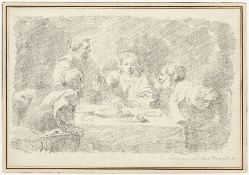 The Supper at Emmaus, 1760/61, Jean Honoré Fragonard (French, 1732-1806), after Michelangelo Merisi da Caravaggio (Italian, 1571–1610), France, Black chalk on ivory laid paper, laid down on off-white laid paper, 183 × 268 mm (primary support), 196 × 280 mm (secondary support)