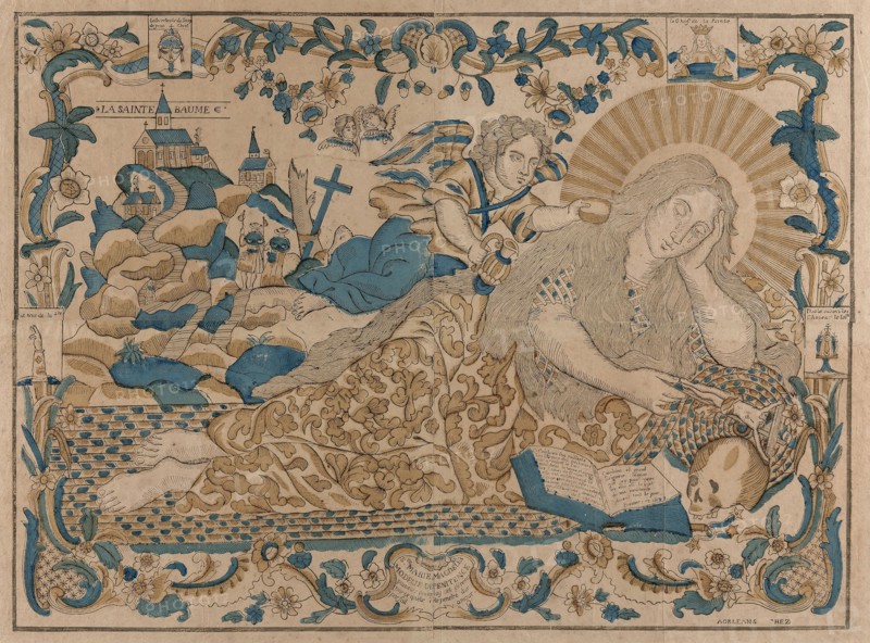Saint Mary Magdalene, Model of Penitence, 1774/89, Unknown Artist (French, 18th century), published by Pierre-Fiacre Perdoux (French, c. 1771–1824), France, Woodcut in black, hand-colored with brush, stencil and watercolor, on four sheets of cream laid paper (discolored to buff), joined, 585 × 790 (image/block), 665 × 870 (sheet)