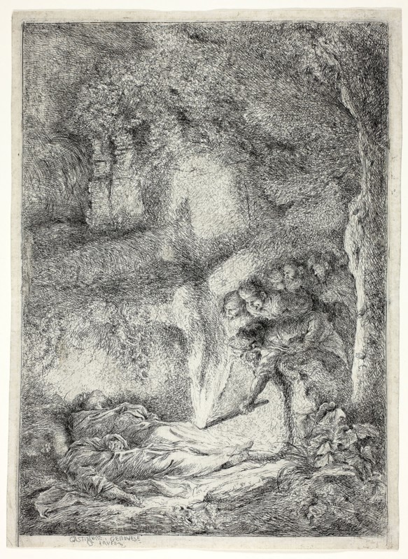 The Bodies of Saints Peter and Paul Hidden in the Catacombs, 1647/51, Giovanni Benedetto Castiglione, Italian, 1609-1664, Italy, Etching and drypoint in black on ivory laid paper, 288 x 205 mm (image), 289 x 206 mm (plate), 300 x 208 mm (sheet)