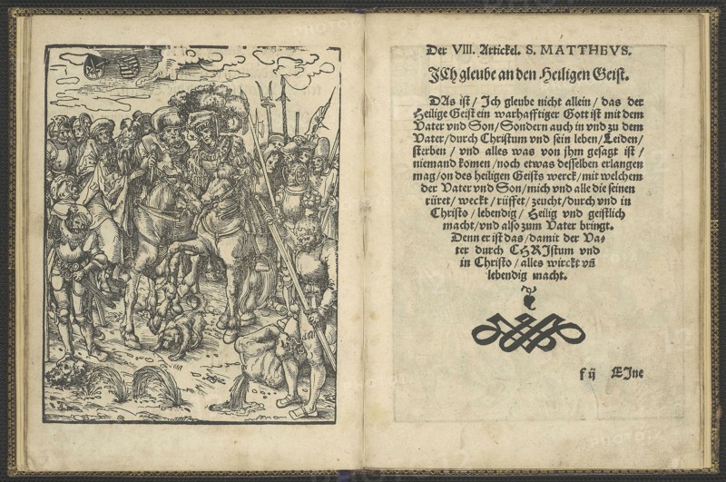 The Apostles’ Creed (Das Symbolum der Heiligen Aposteln), 1548, Lucas Cranach the Elder, German, 1472-1553, Germany, Book with fifteen woodcuts with letterpress in black on cream laid paper, in eighteenth-century full brown sheepskin, sewn on raised bands, with gold tooled decoration on inner-edges of boards, blind lines and gold titling on the spine, hand-sewn silk headbands, marbled endsheets, and a purple silk page marker, 204 x 154 x 8 mm (book), 199 x 145 mm (folio)