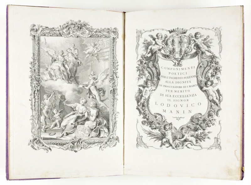 Poems for the Solemn Entrance to the Position of Procurator of S. Marco on Account of His Excellency Lodovico Manin (Componimenti Poetici per l’Ingresso Solenne alla Dignità di Proccuratore di S. Marco per Merito di Sua Eccellenza il Signor Lodovico Manin), 1764, Francesco Bartolozzi (Italian, 1727-1815), published by Giovanni Battista Albrizzi (Italian, 1698-1777), Italy, northern, Book with engravings in black on ivory laid paper, 375 x 265 x 15 mm