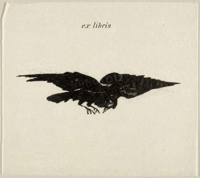 Flying Raven: ex libris, from The Raven (Le Corbeau), 1875, Édouard Manet (French, 1832-1883), written by Edgar Allan Poe (American, 1809-1849), translated and produced by Stéphane Mallarmé (French, 1842-1898), printed by Lefman et Cie. (French, 19th century), published by Richard Lesclide (French, 1825-1892), France, Transfer lithograph in black on ivory parchment paper, 63 × 240 mm (image), 254 × 287 mm (sheet)