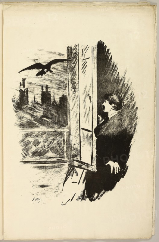 At the window (Open here I flung the shutter…), from The Raven (Le Corbeau), 1875, Édouard Manet (French, 1832-1883), written by Edgar Allan Poe (American, 1809-1849), translated and produced by Stéphane Mallarmé (French, 1842-1898), printed by Lefman et Cie. (French, 19th century), published by Richard Lesclide (French, 1825-1892), France, Transfer lithograph in black on cream laid paper, 387 × 315 mm (image), 541 × 352 (sheet)