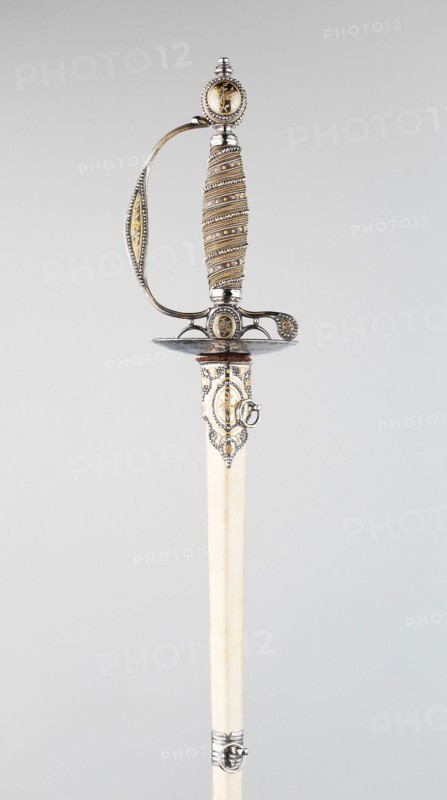 Smallsword and Scabbard, c. 1785, Cutler: Thomas Prosser (English, 1774-1795), England, Steel, two gold alloys, gilding, brass, parchment, and wood, 101 × 10.2 cm (39 3/4 × 4 in.)