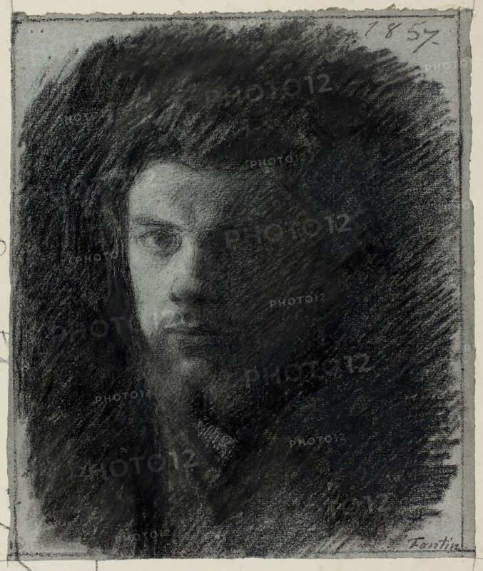 Self-Portrait, 1857, Henri Fantin-Latour, French, 1836-1904, France, Black chalk, with charcoal and stumping, on blue laid paper, laid down on cream laid paper, perimeter mounted to gray board, 365 × 312 mm (primary support), 455 × 430 mm (secondary support), 503 × 430 mm (tertiary support)