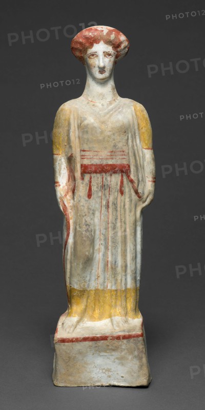 Statuette of a Woman, about 450 BC, Greek, Boeotia, terracotta, polychromy, 27.6 × 8.3 × 6.4 cm (10 7/8 × 3 1/4 × 2 1/2 in.)