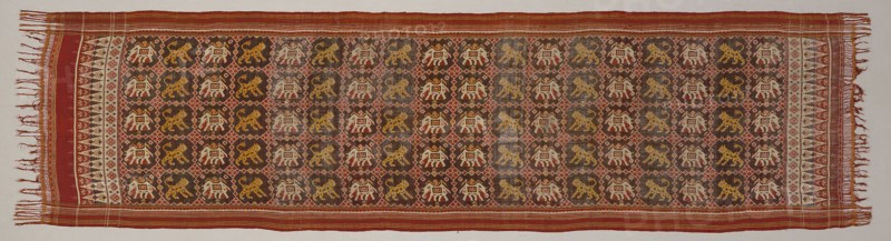 Ceremonial Cloth with Pattern of Elephants and Tigers, 19th century, India, Gujarat, India, Silk, plain weave, warp and weft resist dyed (double ikat) and stripes of plain weave,  bands of plain weave with main warp fringe, both selvages present, 101.6 x 391.2 cm (40 x 154 in.)