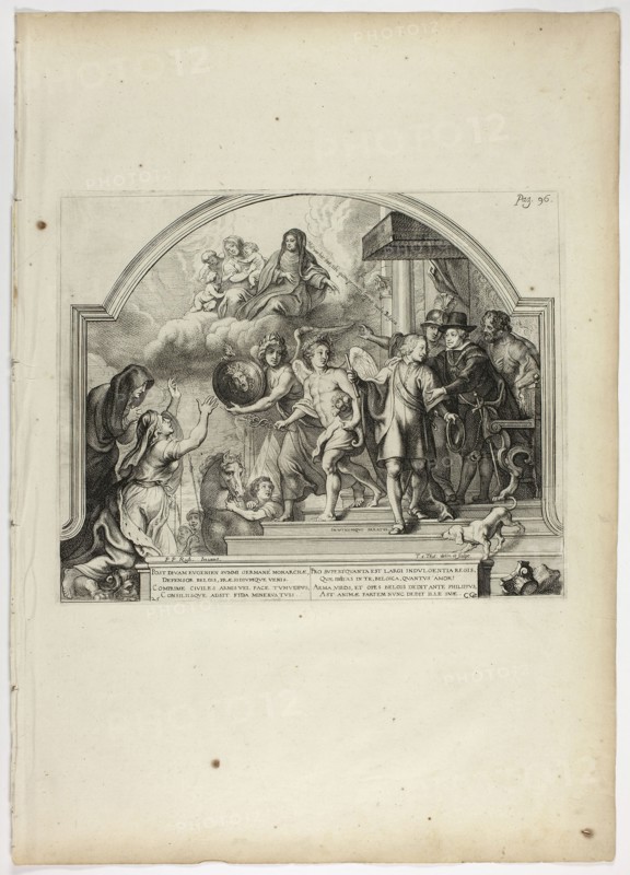 Philip IV Appointing Prince Ferdinand Governor of the Netherlands, plate 25 from Casperius Gevartius, Pompa Introitus Honori Serenissimi Principis Ferdinandi (Triumphal Entry of the Most Serene and Honorable Cardinal-Infante Ferdinand), 1642, Theodoor van Thulden (Flemish, c. 1606-1669), after Peter Paul Rubens (Flemish, 1577-1640), Flanders, Engraving, with etching and plate tone, in black on cream laid paper, 269 × 334 mm (plate), 556 × 396 mm (sheet)