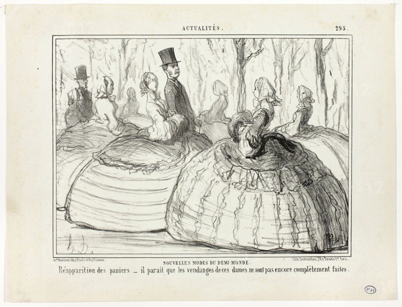 New Fashion of the Half-World. Reappearance of the baskets – it seems that these ladies are not yet quite done with their harvest, plate 295 from Actualités, published December 4, 1856, Honoré-Victorin Daumier, French, 1808-1879, France, Lithograph in black on ivory wove paper, 228 × 272 mm (image), 270 × 354 mm (sheet)