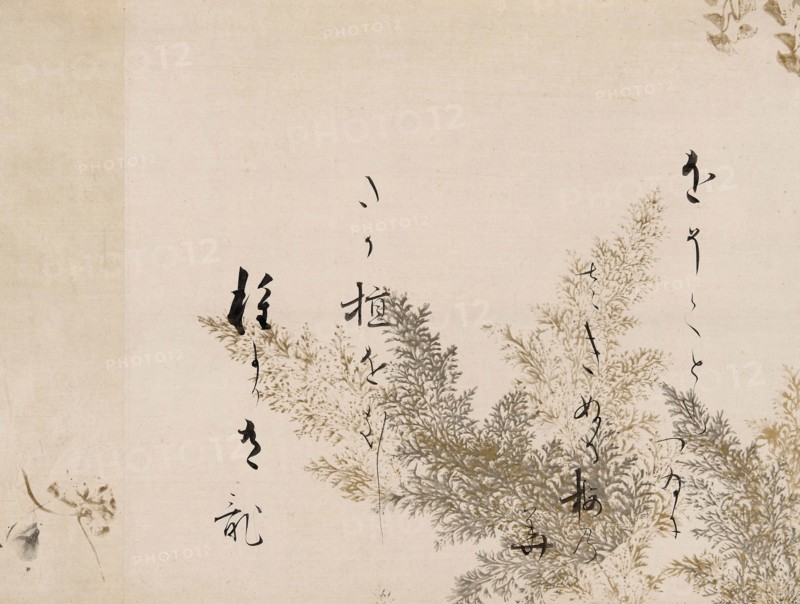 A Poem from the Shin Kokinshu with Design of Shinobugusa Grasses, 1605/10, Hon’ami Koetsu, Japanese, 1558-1637, Fragment of a handscroll mounted as a hanging scroll, ink, gold, silver-colored pigment, and mica on paper, 33.6 × 44.5 cm (13 1/4 × 17 1/2 in.)