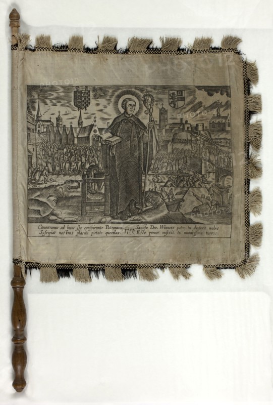 Religious Banner with Scenes of Saint Winnock, 1717, Unknown Artist, Flemish, 18th century, Flanders, Engraving with etching in black printed on each of two panels joined (double-sided), silk, plain weave, edged with band of silk, plain weave with extended weft fringe, 266 × 276 mm (fabric), 413 × 276 mm (including wooden handle)